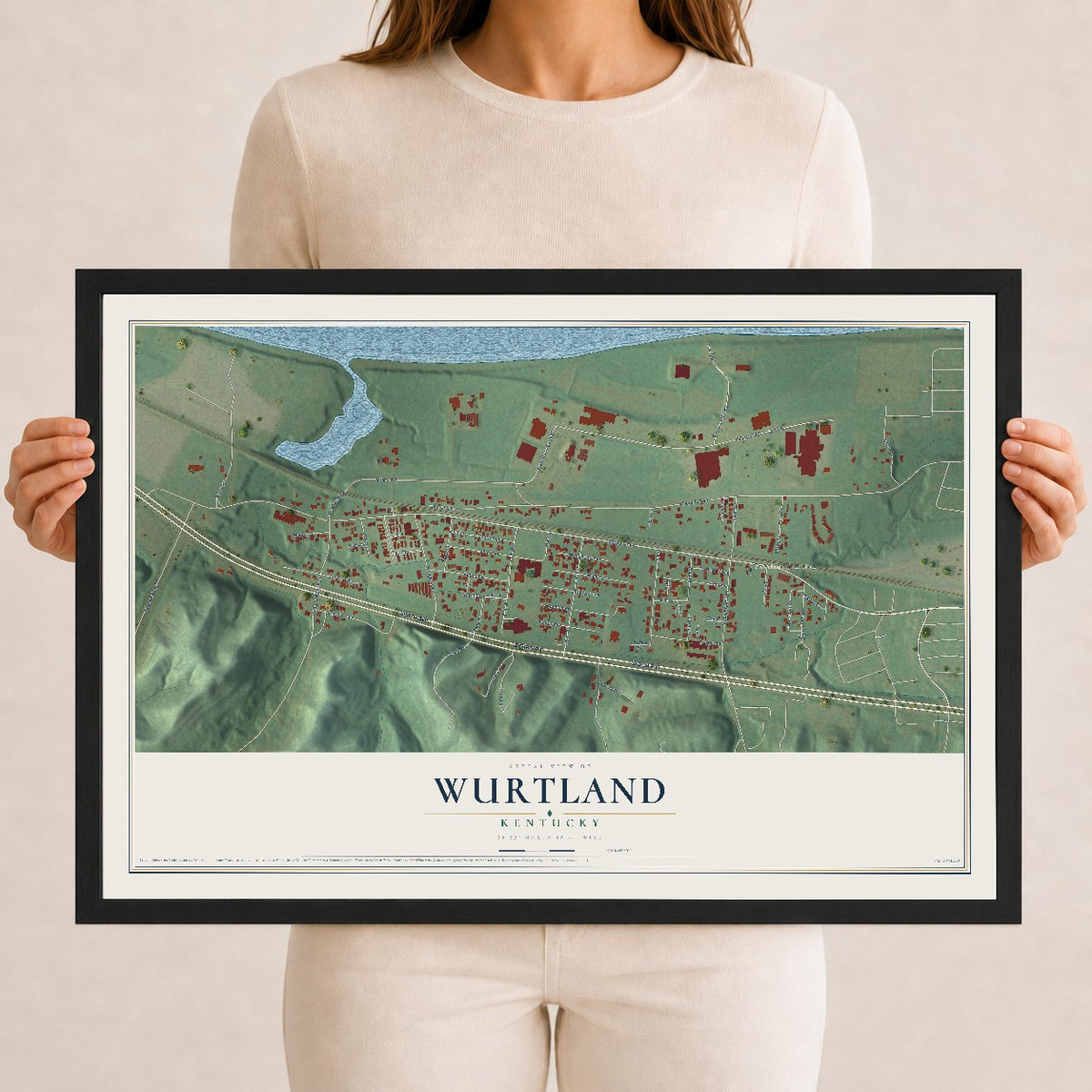 Map of Wurtland, Kentucky, 12 x 18 inch print in a black wood frame