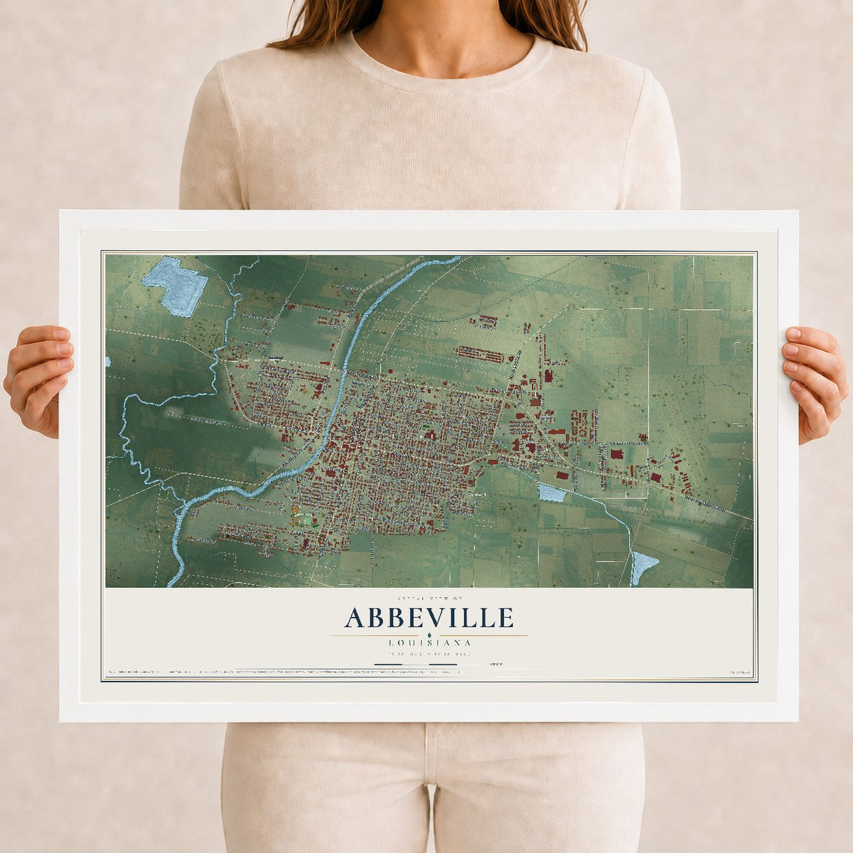 Map of Abbeville, Louisiana, 12 x 18 inch print in a white wood frame