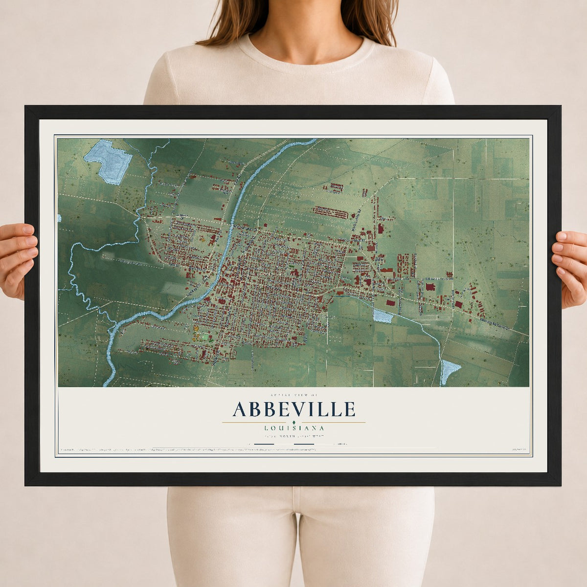 Map of Abbeville, Louisiana, 18 x 24 inch print in a black wood frame