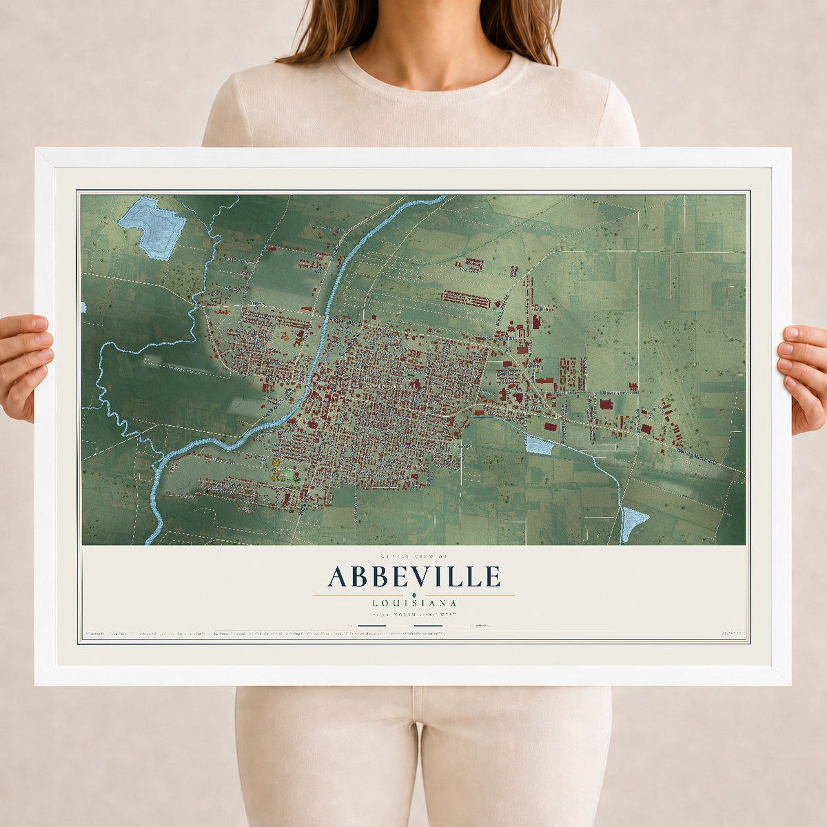 Map of Abbeville, Louisiana, 18 x 24 inch print in a white wood frame