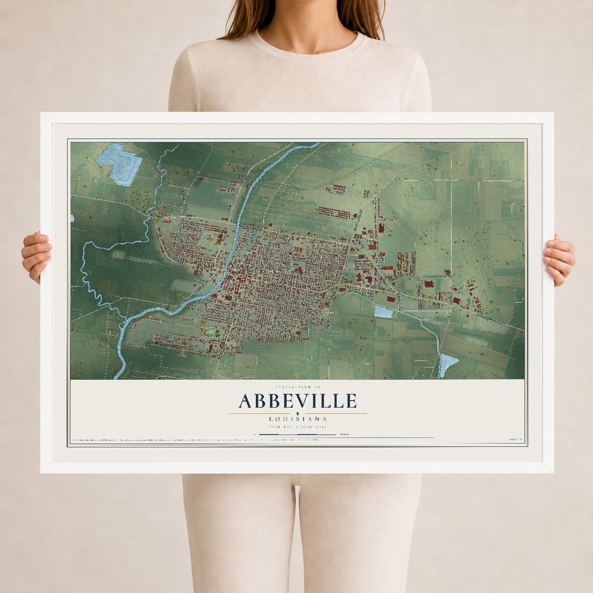 Map of Abbeville, Louisiana, 24 x 36 inch print in a white wood frame