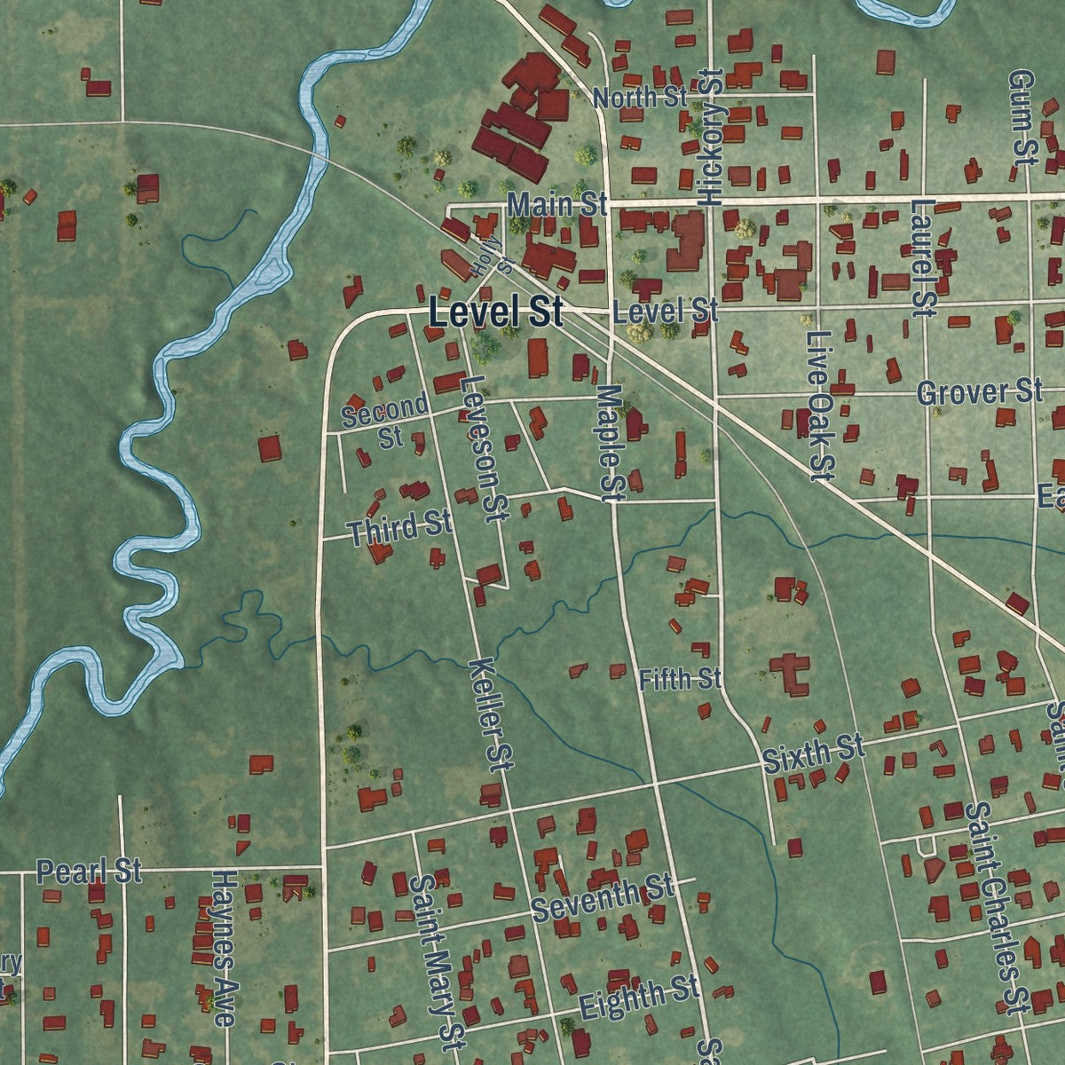 Close-up of the map of Abita Springs, Louisiana print showing street and building detail