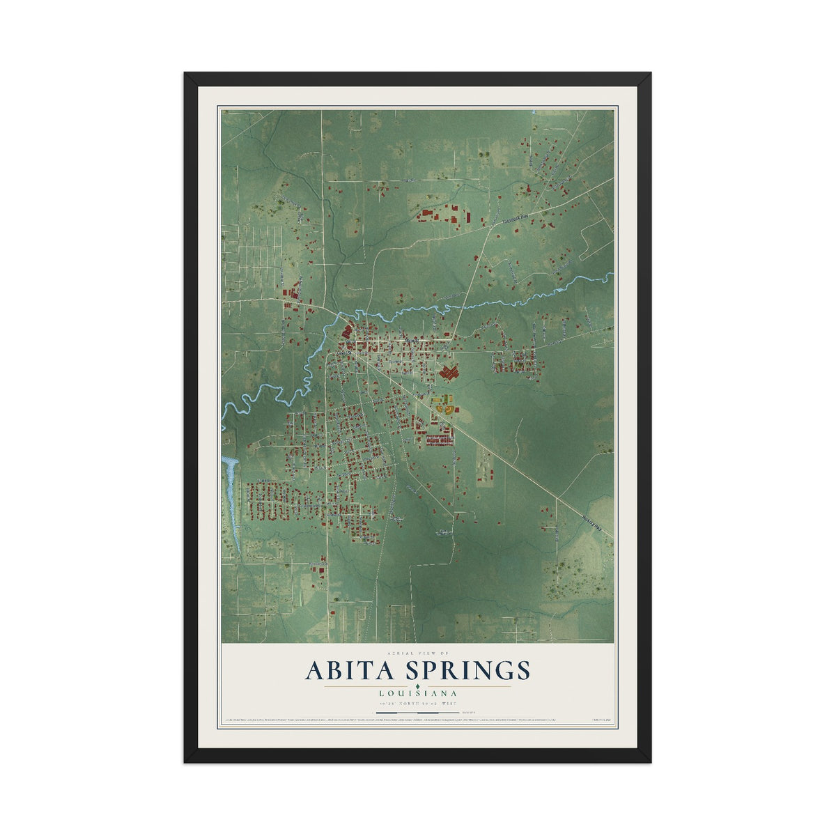 Map of Abita Springs, Louisiana, 12 x 18 inch print in a black wood frame