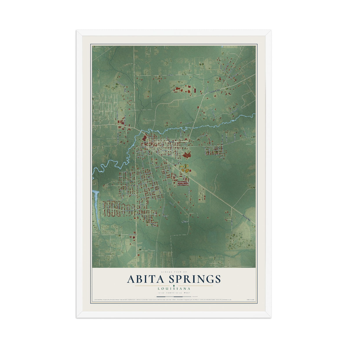 Map of Abita Springs, Louisiana, 12 x 18 inch print in a white wood frame