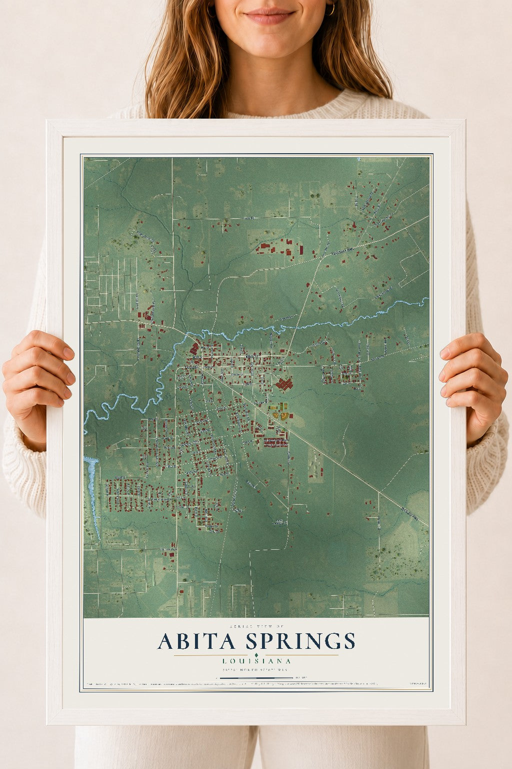 Map of Abita Springs, Louisiana, 18 x 24 inch print in a white wood frame