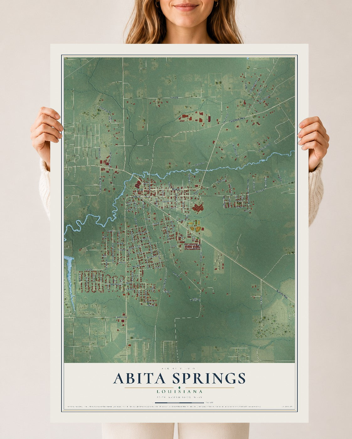 Map of Abita Springs, Louisiana, 24 x 36 inch unframed archival matte print