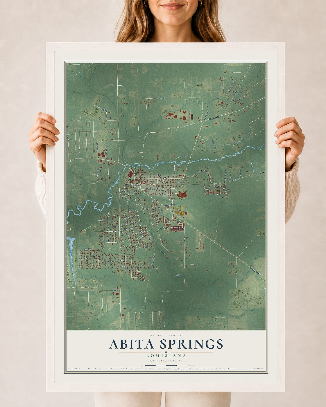 Map of Abita Springs, Louisiana, 24 x 36 inch print in a white wood frame