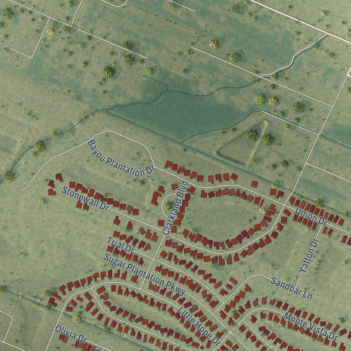 Second close-up of the map of Addis, Louisiana print showing more streets and buildings