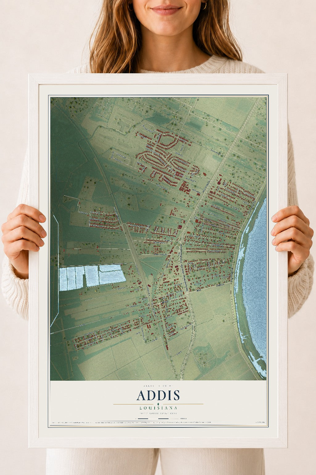 Map of Addis, Louisiana, 18 x 24 inch print in a white wood frame