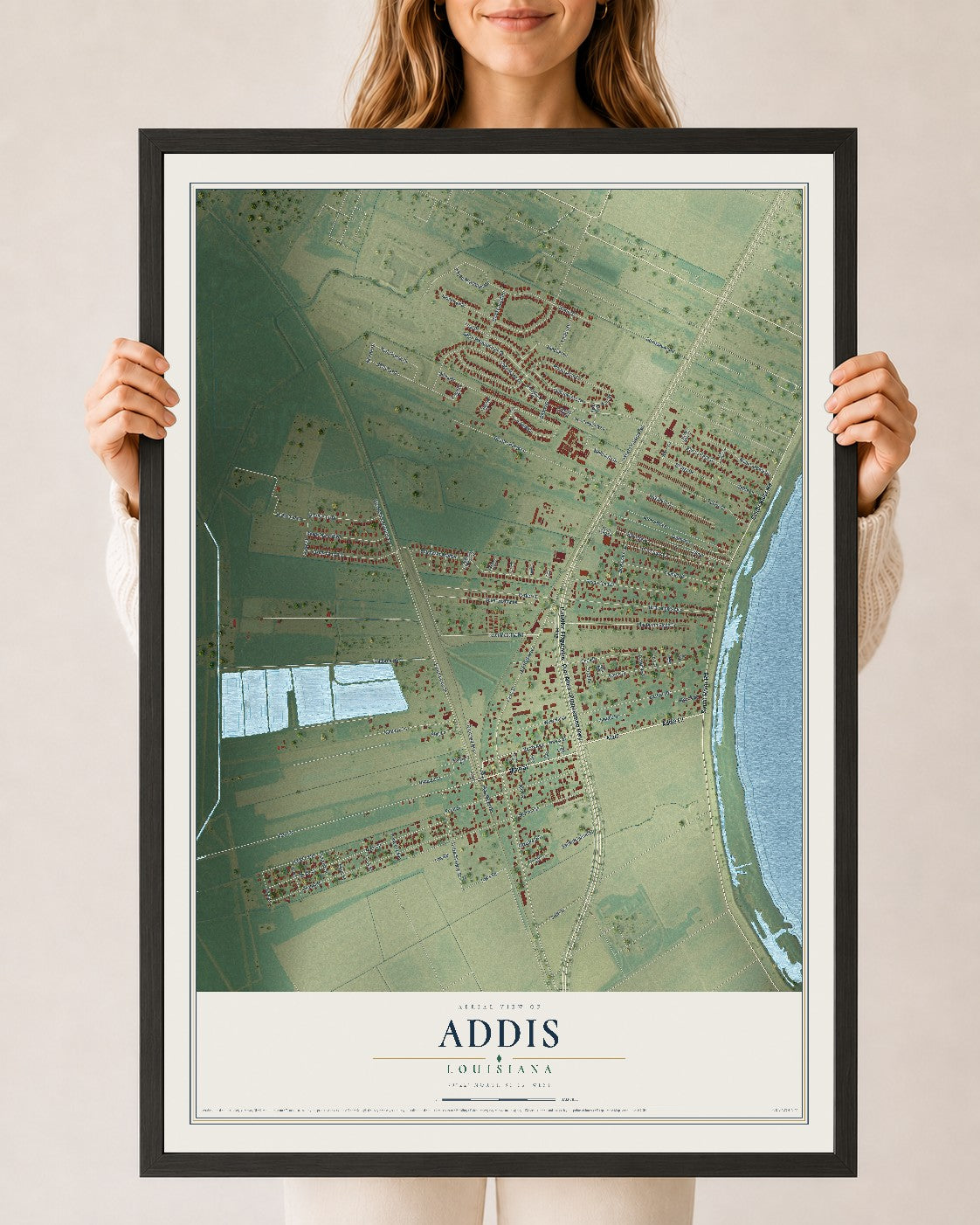 Map of Addis, Louisiana, 24 x 36 inch print in a black wood frame
