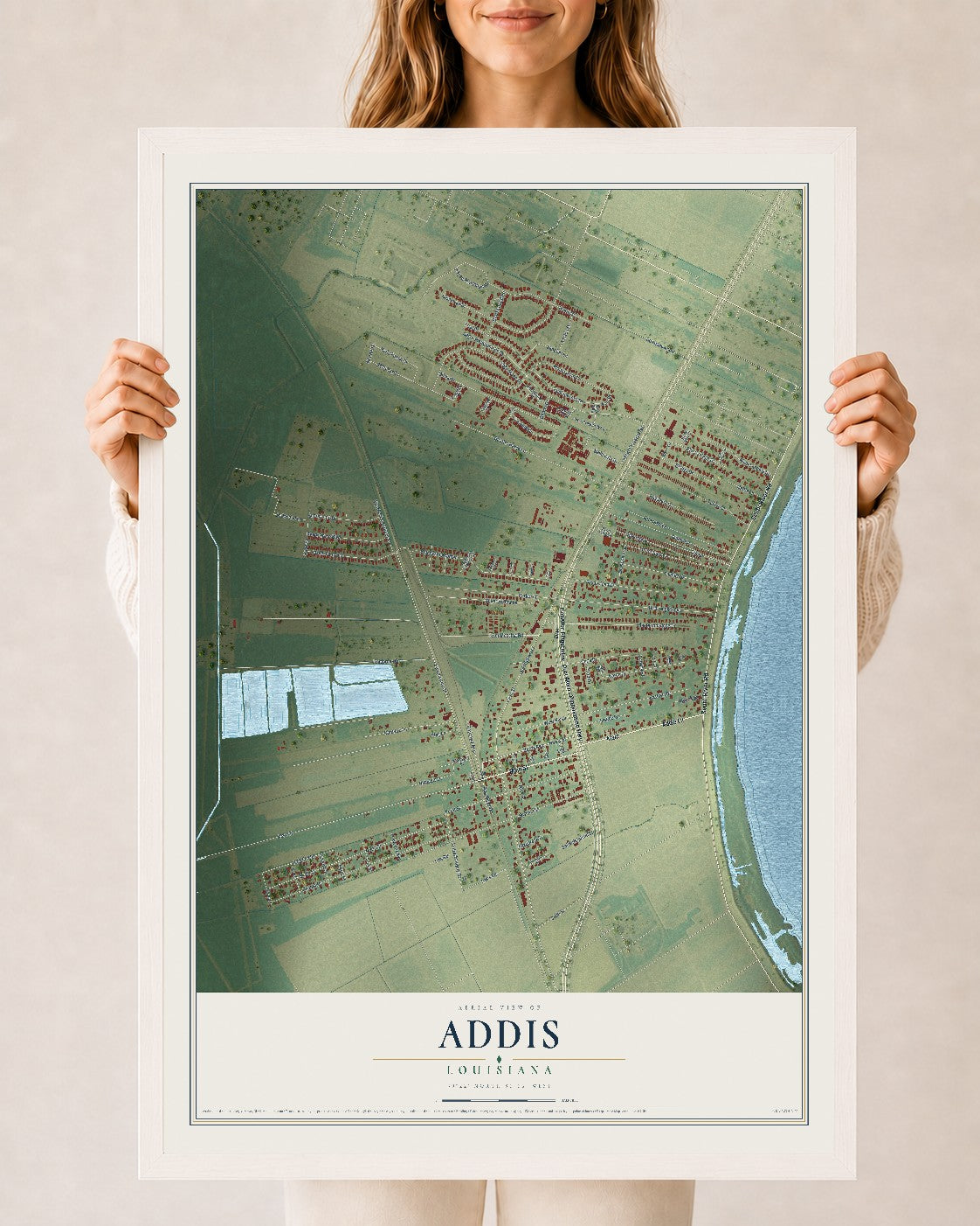 Map of Addis, Louisiana, 24 x 36 inch print in a white wood frame