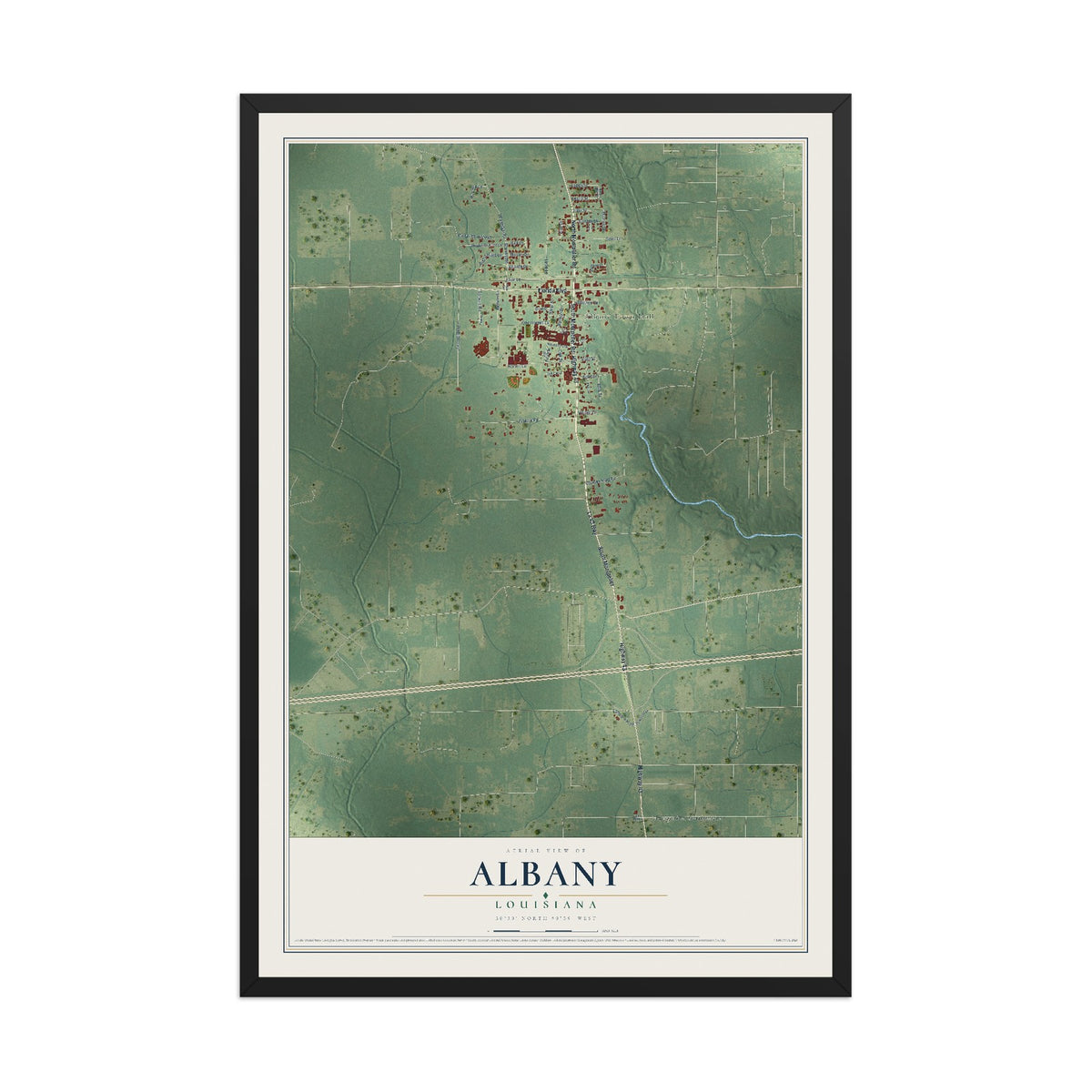 Map of Albany, Louisiana, 12 x 18 inch print in a black wood frame