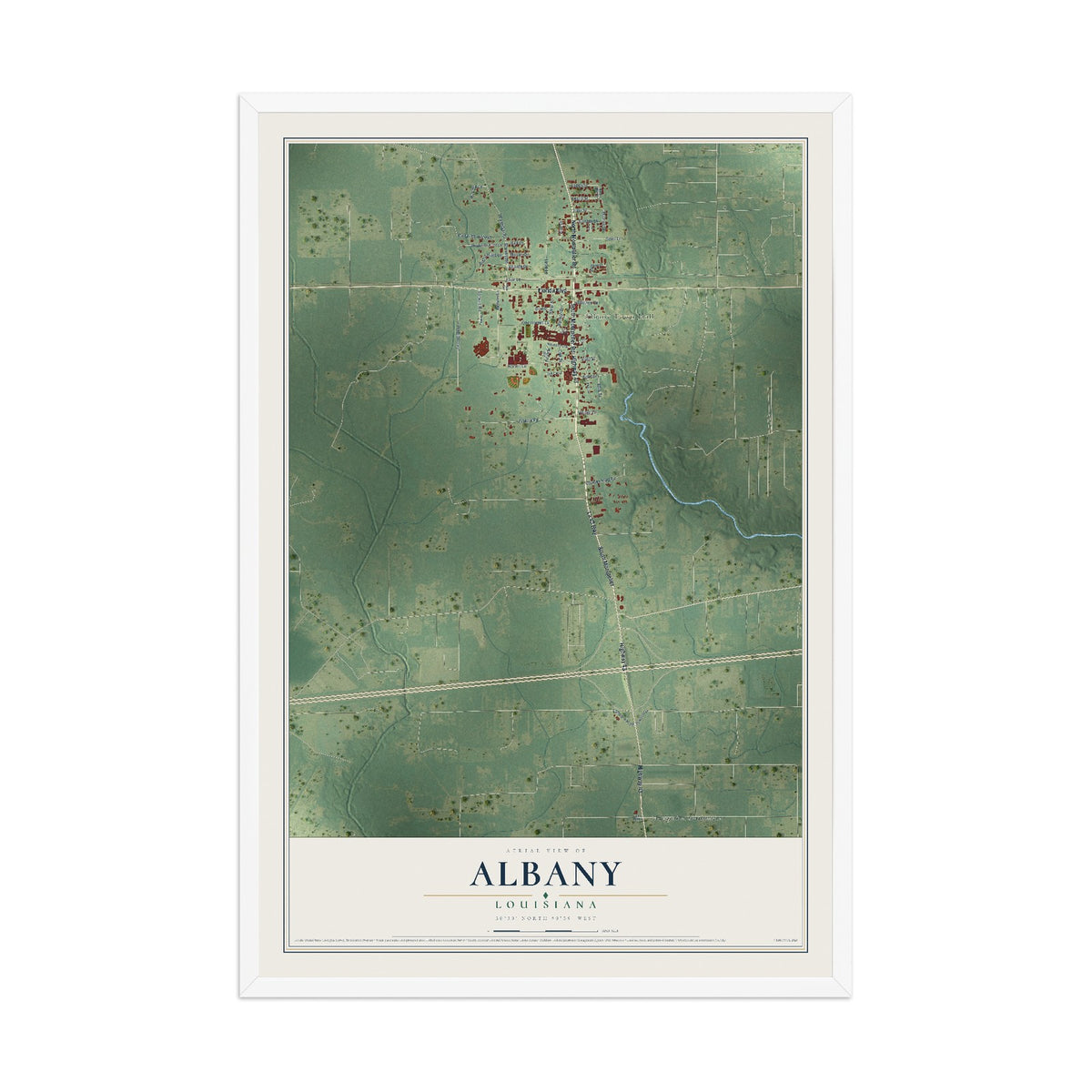 Map of Albany, Louisiana, 12 x 18 inch print in a white wood frame
