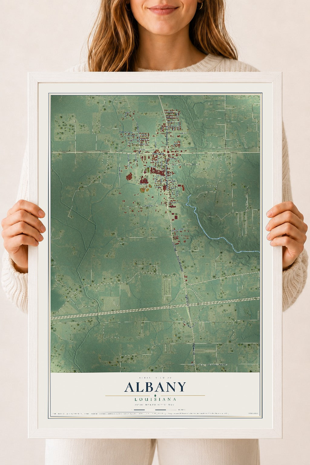 Map of Albany, Louisiana, 18 x 24 inch print in a white wood frame