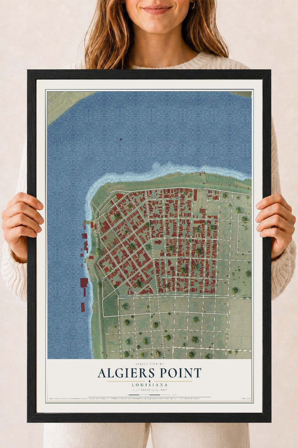 Map of Algiers Point, Louisiana, 18 x 24 inch print in a black wood frame