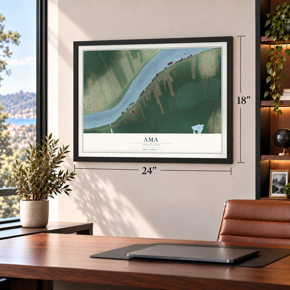 Ama, Louisiana map, 18 x 24 inch print in a black frame in a home office