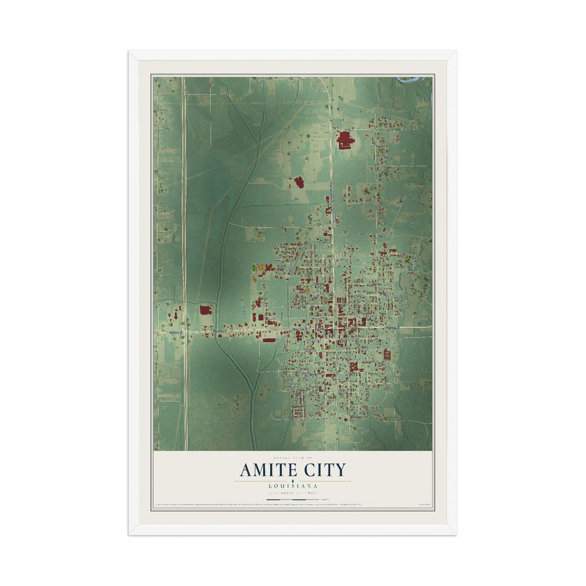 Map of Amite City, Louisiana, 12 x 18 inch print in a white wood frame