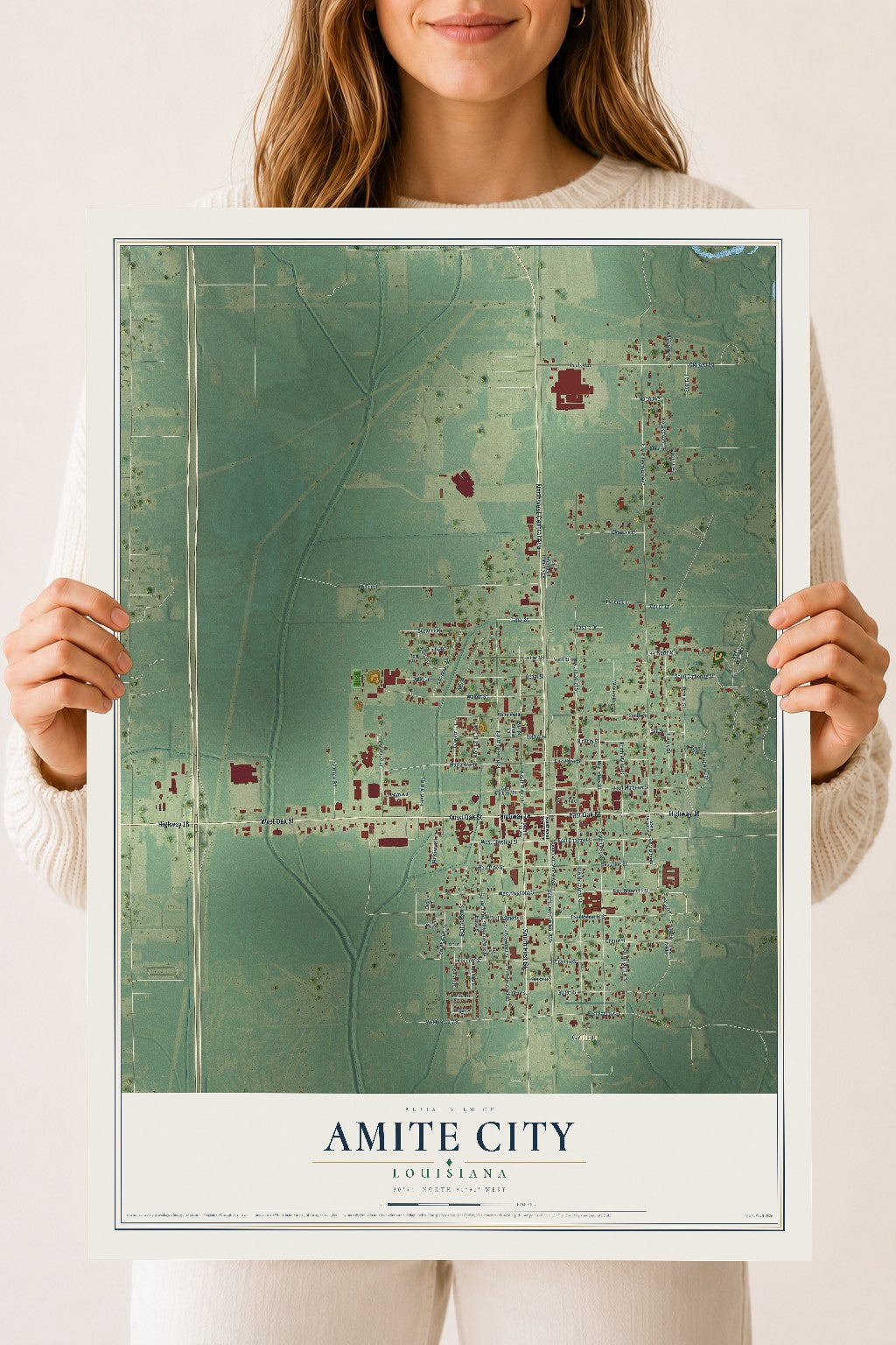 Map of Amite City, Louisiana, 18 x 24 inch unframed archival matte print