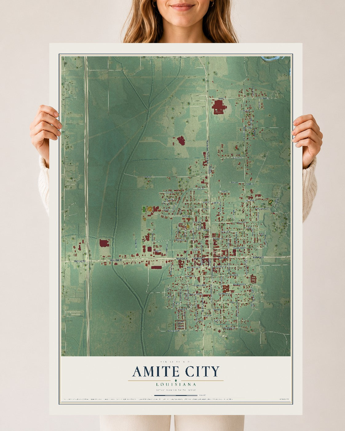 Map of Amite City, Louisiana, 24 x 36 inch unframed archival matte print