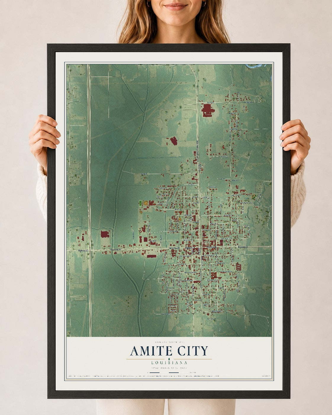 Map of Amite City, Louisiana, 24 x 36 inch print in a black wood frame