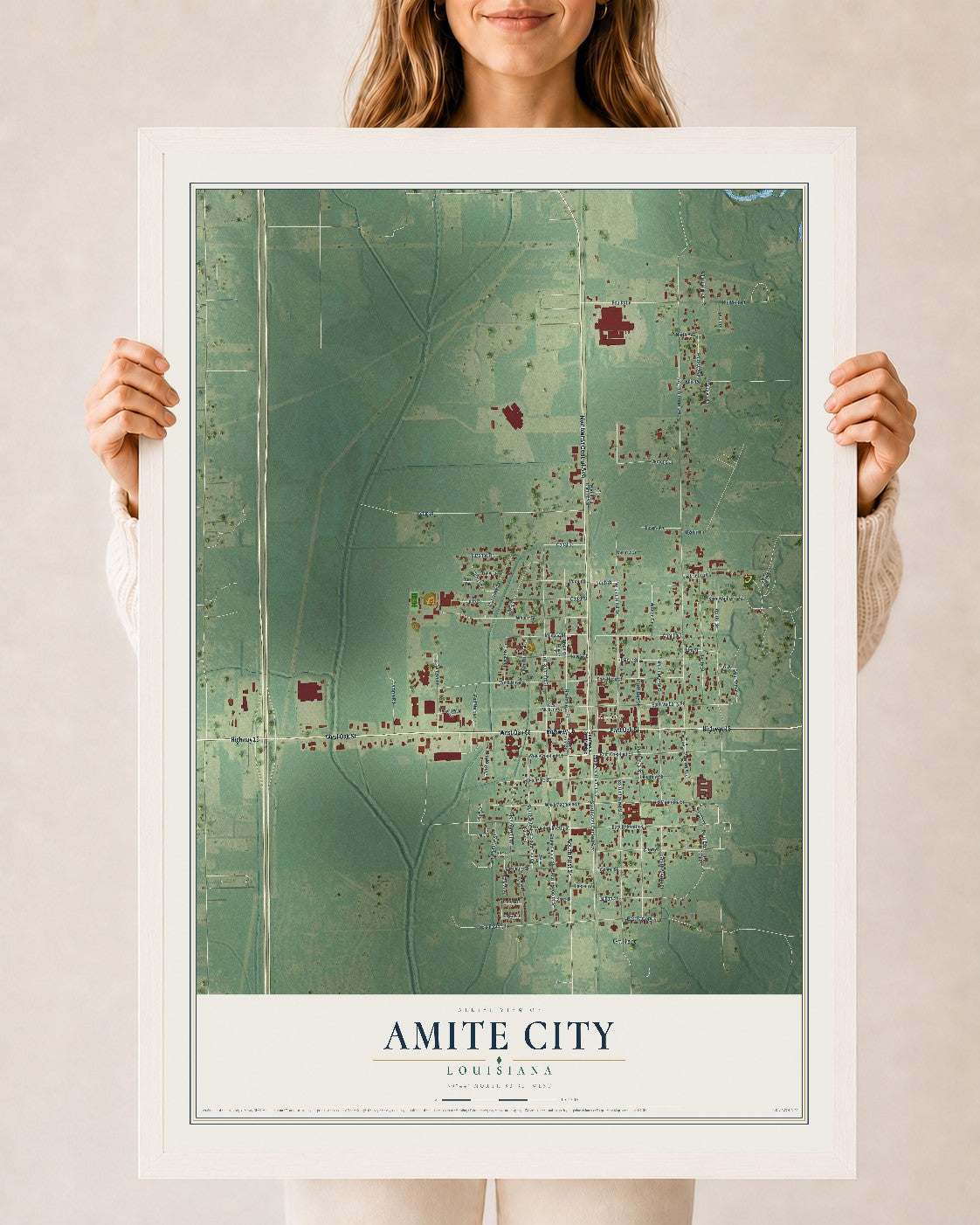 Map of Amite City, Louisiana, 24 x 36 inch print in a white wood frame
