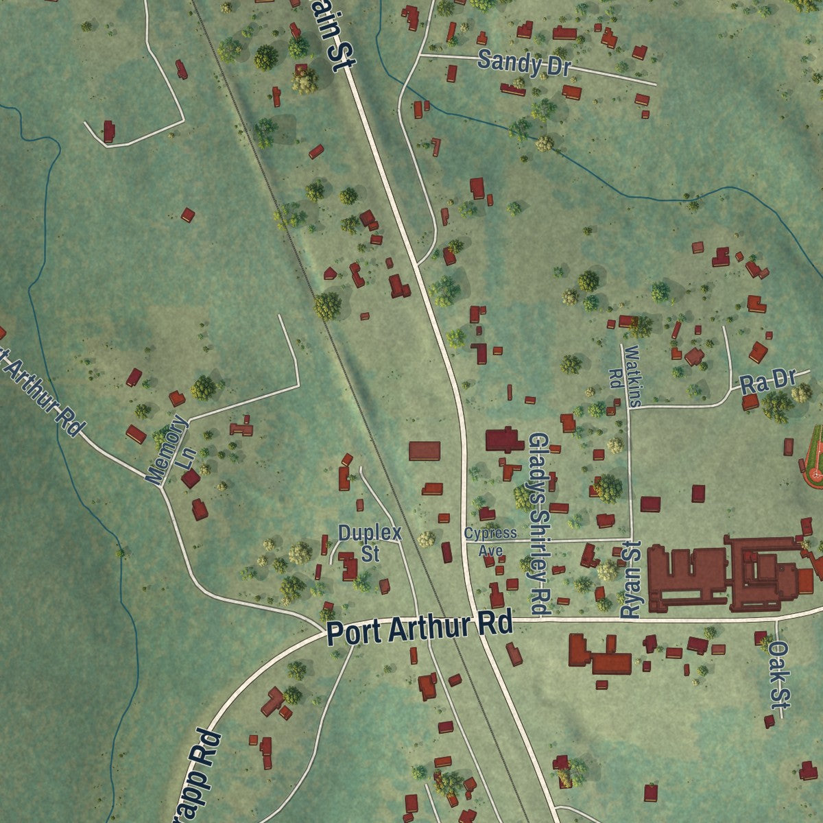 Close-up of the map of Anacoco, Louisiana print showing street and building detail