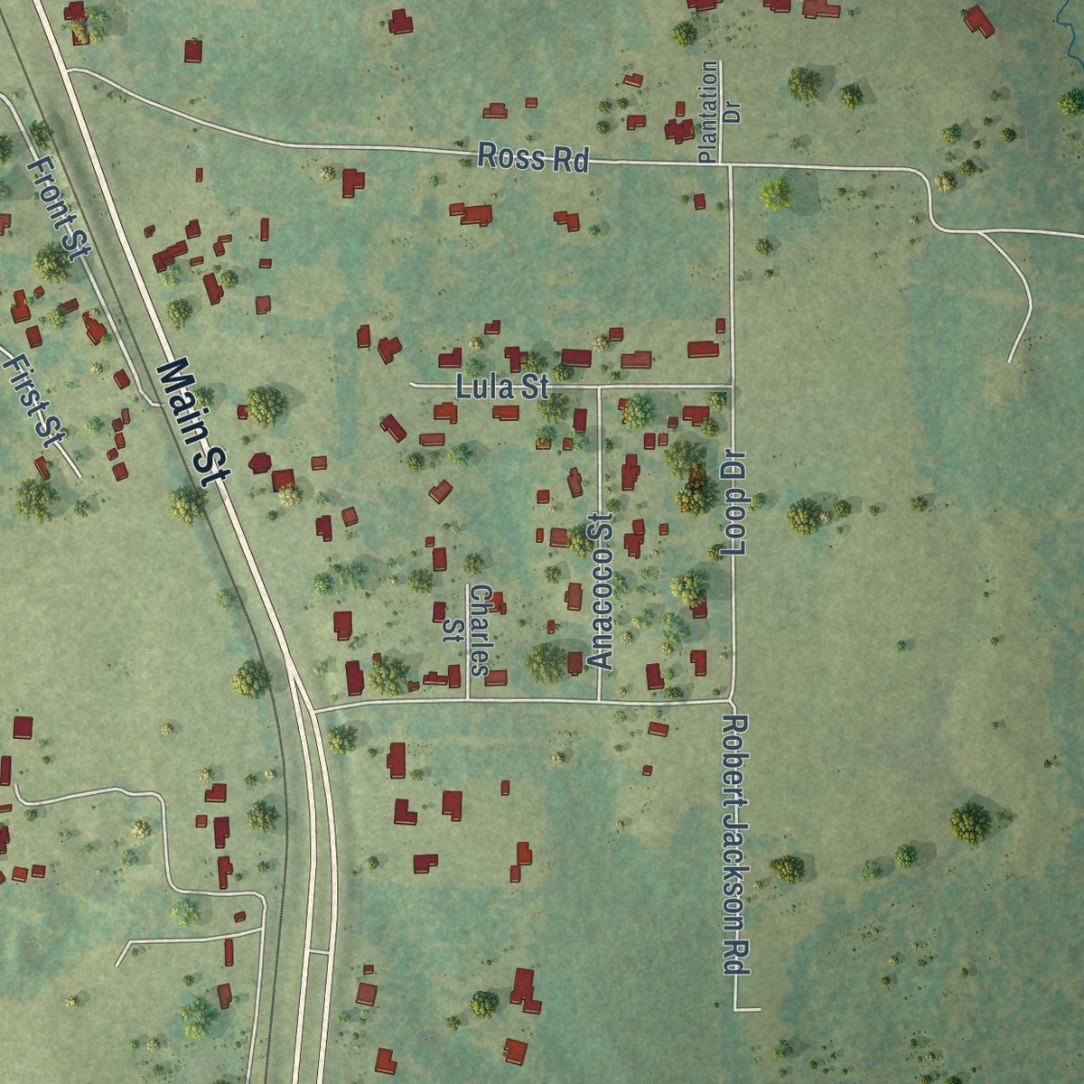 Second close-up of the map of Anacoco, Louisiana print showing more streets and buildings
