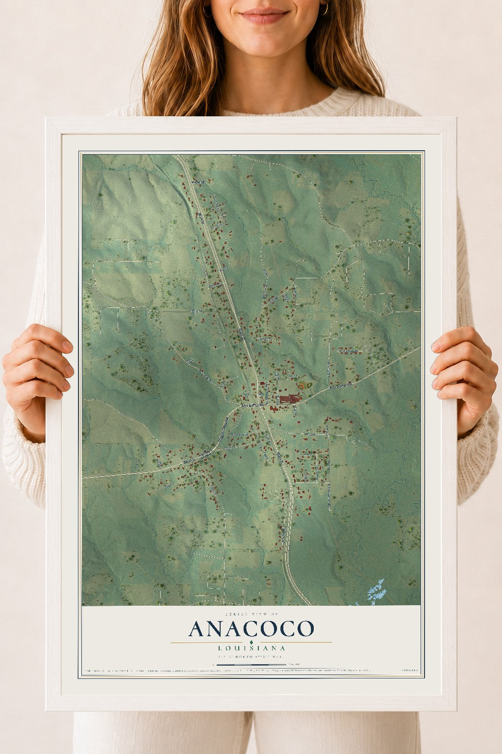 Map of Anacoco, Louisiana, 18 x 24 inch print in a white wood frame