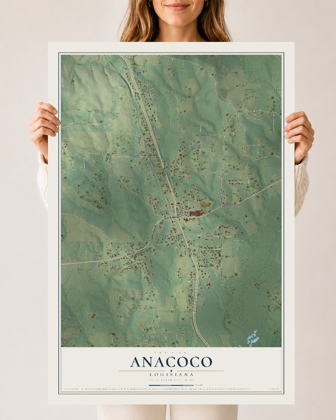 Map of Anacoco, Louisiana, 24 x 36 inch unframed archival matte print