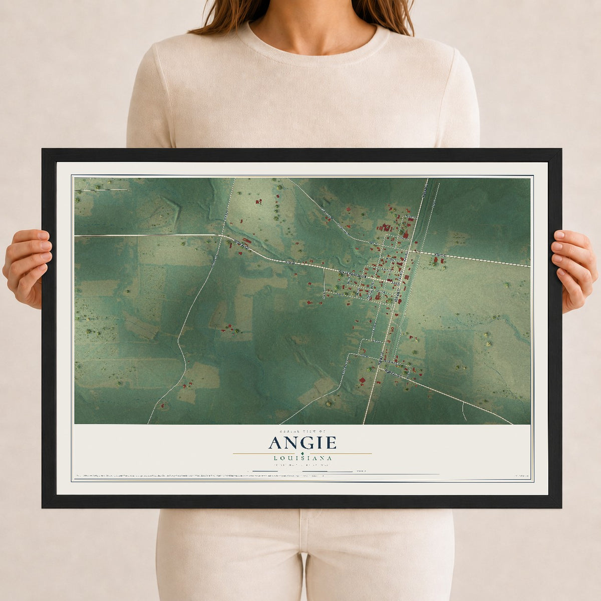 Map of Angie, Louisiana, 12 x 18 inch print in a black wood frame