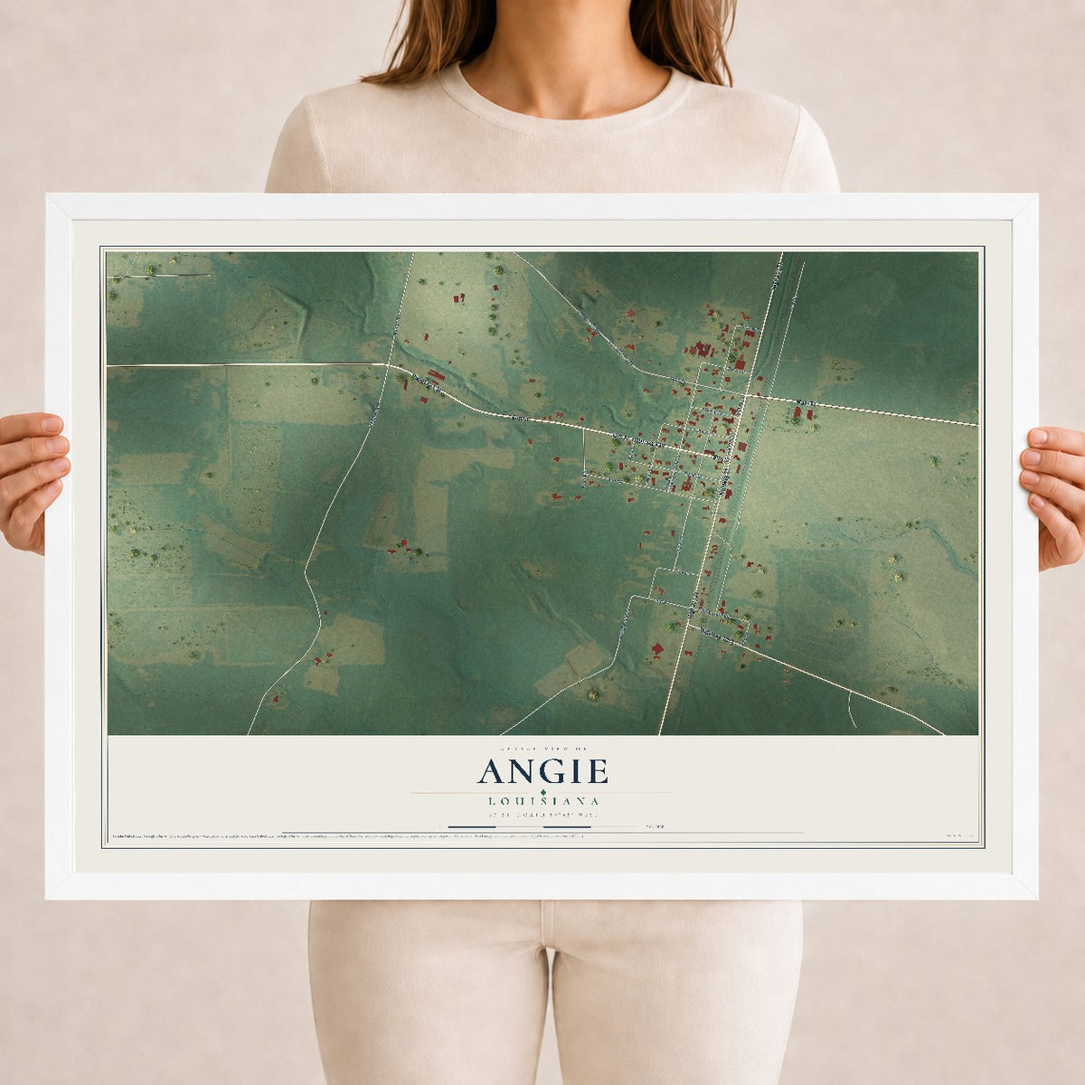 Map of Angie, Louisiana, 18 x 24 inch print in a white wood frame