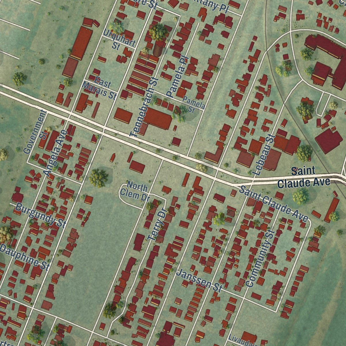Close-up of the map of Arabi, Louisiana print showing street and building detail