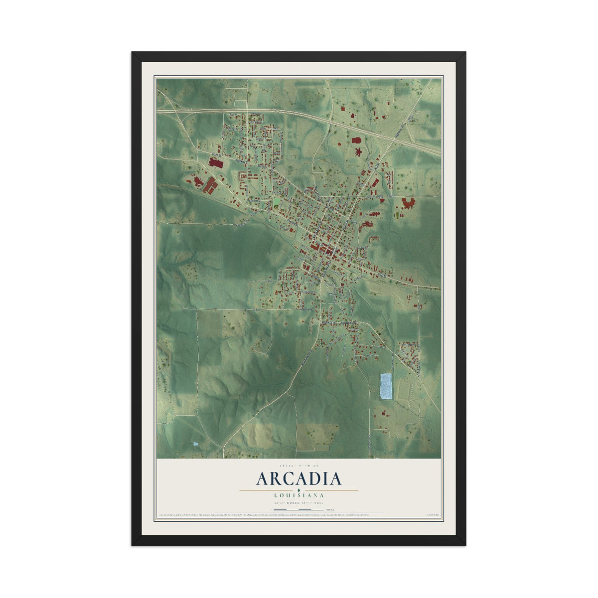 Map of Arcadia, Louisiana, 12 x 18 inch print in a black wood frame