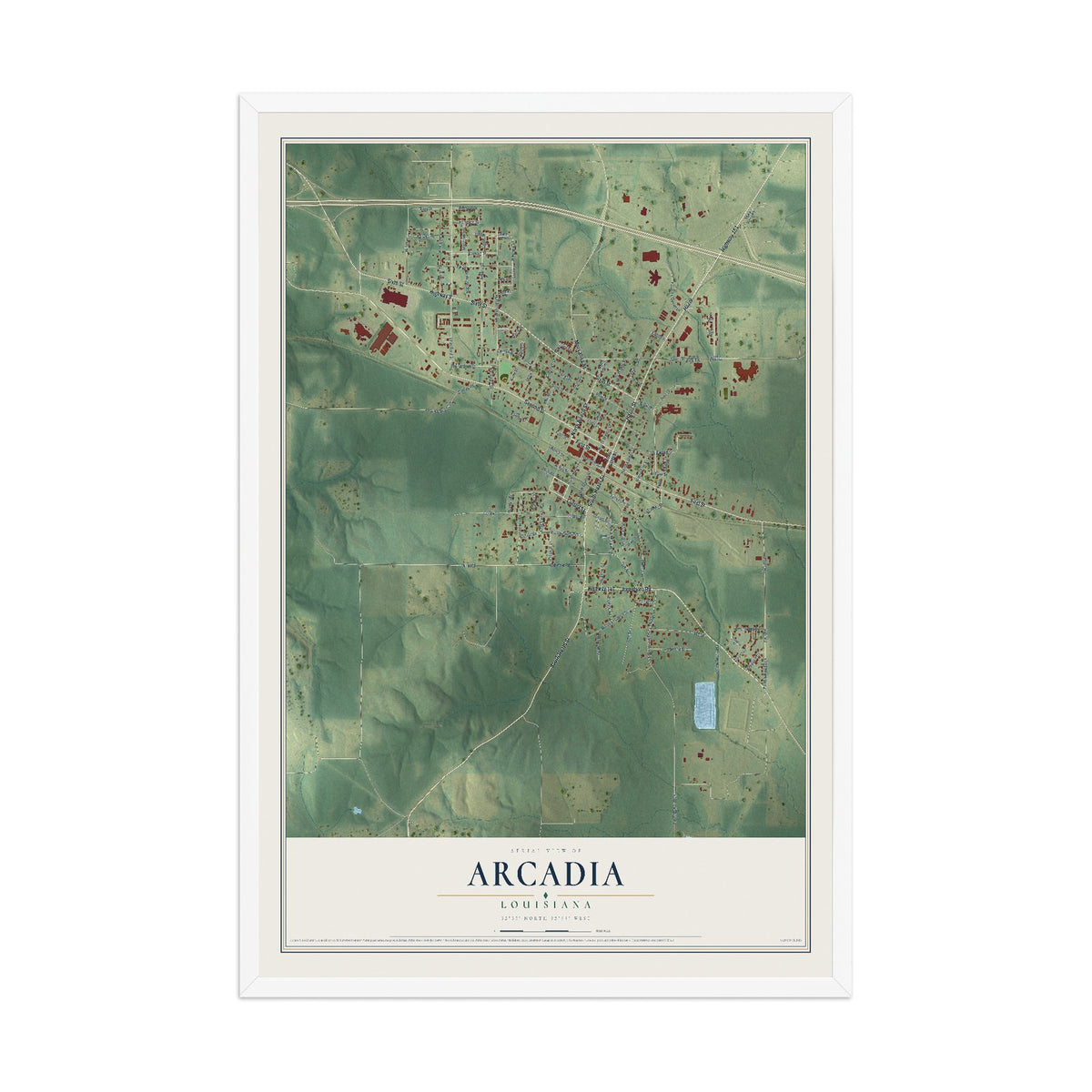 Map of Arcadia, Louisiana, 12 x 18 inch print in a white wood frame