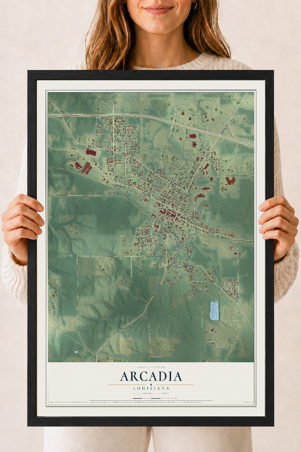 Map of Arcadia, Louisiana, 18 x 24 inch print in a black wood frame