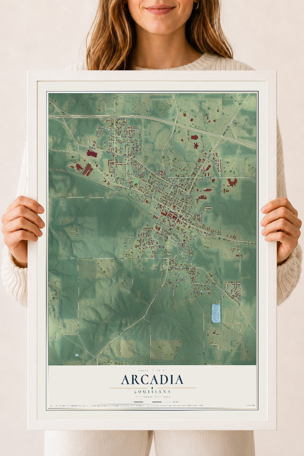 Map of Arcadia, Louisiana, 18 x 24 inch print in a white wood frame