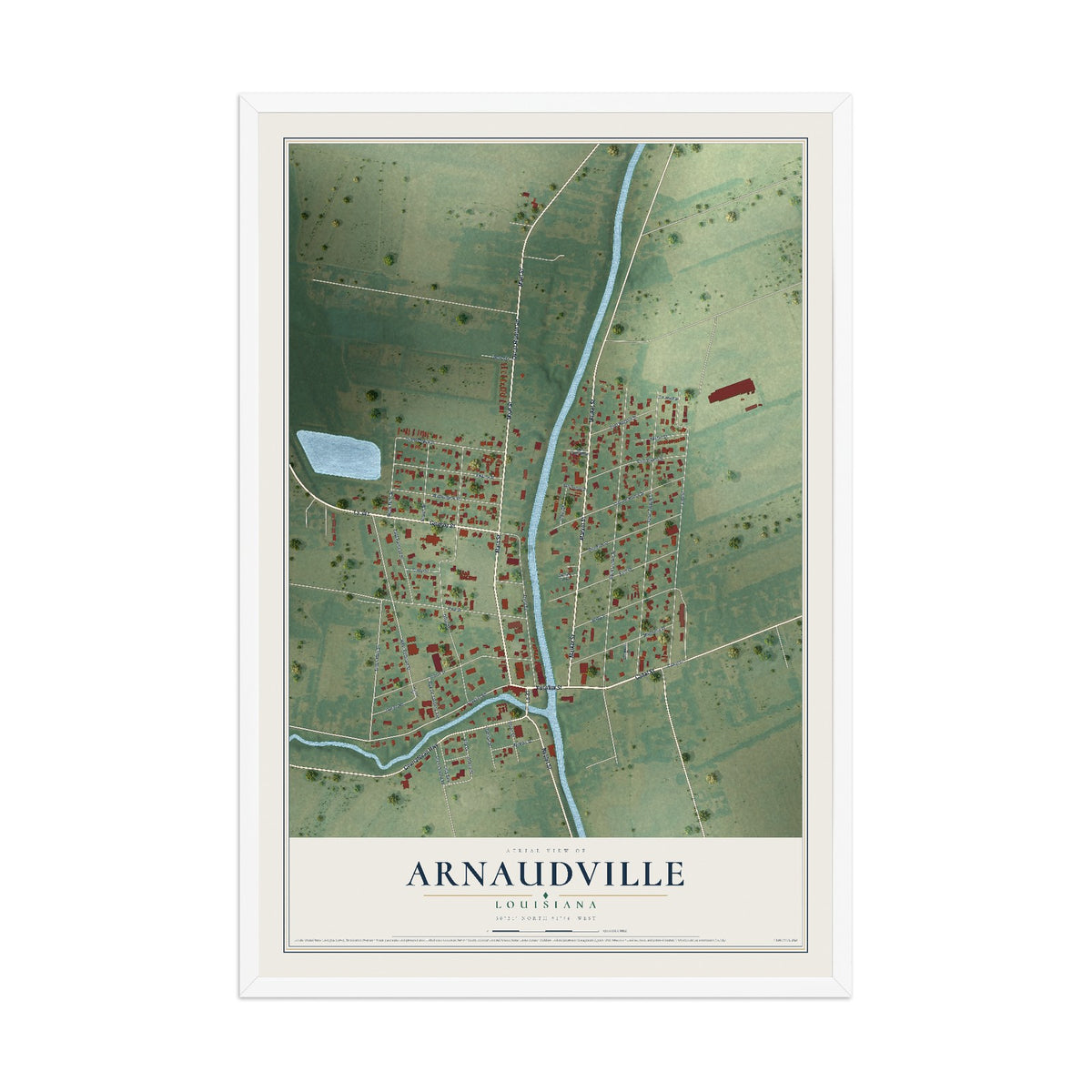 Map of Arnaudville, Louisiana, 12 x 18 inch print in a white wood frame