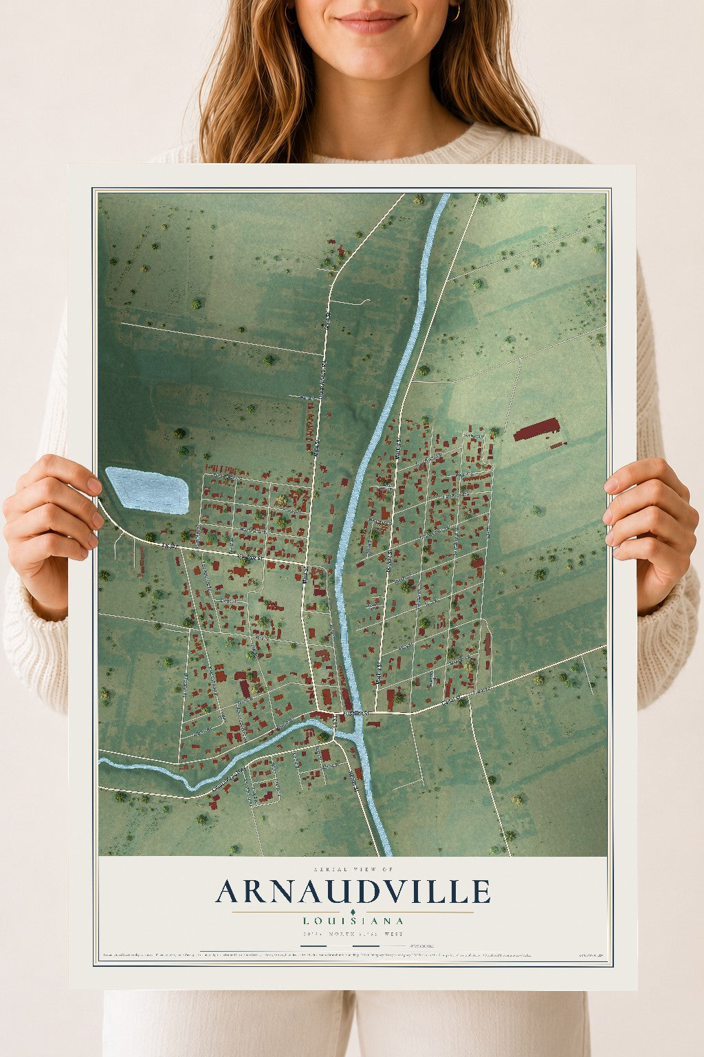 Map of Arnaudville, Louisiana, 18 x 24 inch unframed archival matte print