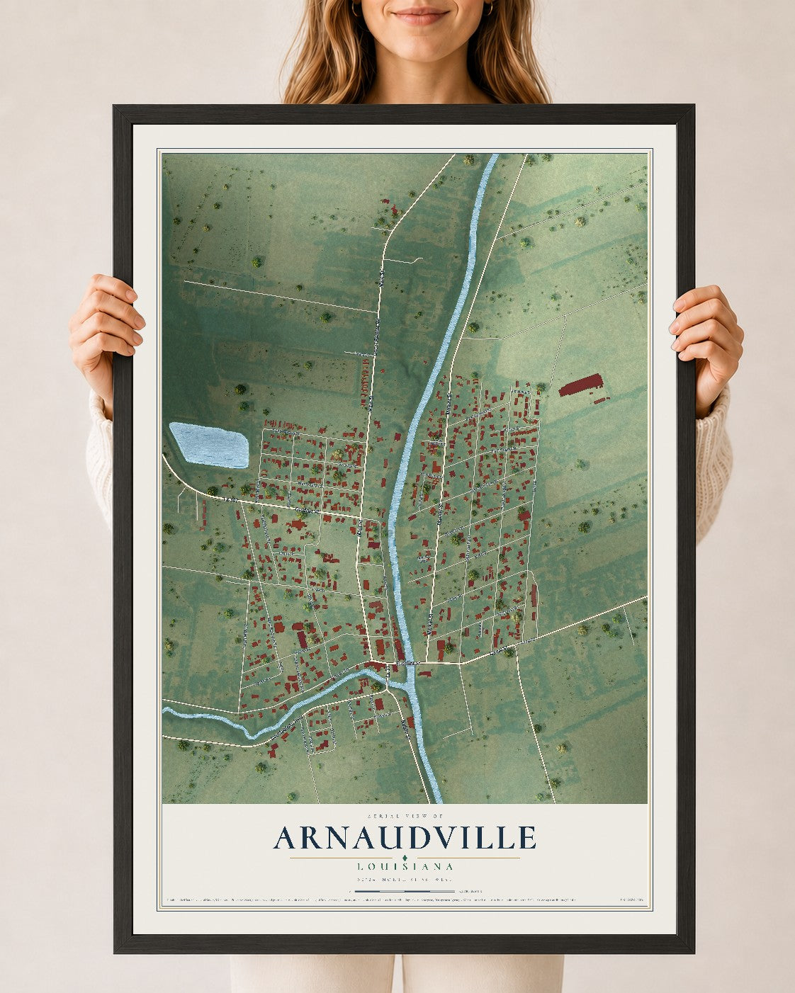 Map of Arnaudville, Louisiana, 24 x 36 inch print in a black wood frame