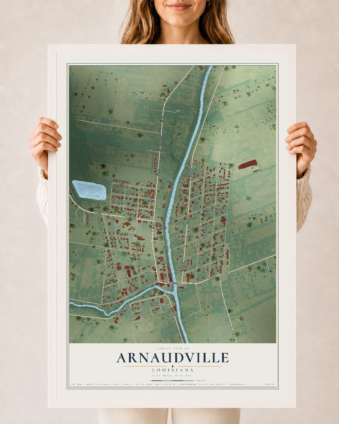 Map of Arnaudville, Louisiana, 24 x 36 inch print in a white wood frame