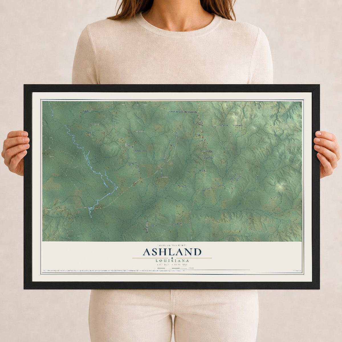 Map of Ashland, Louisiana, 12 x 18 inch print in a black wood frame