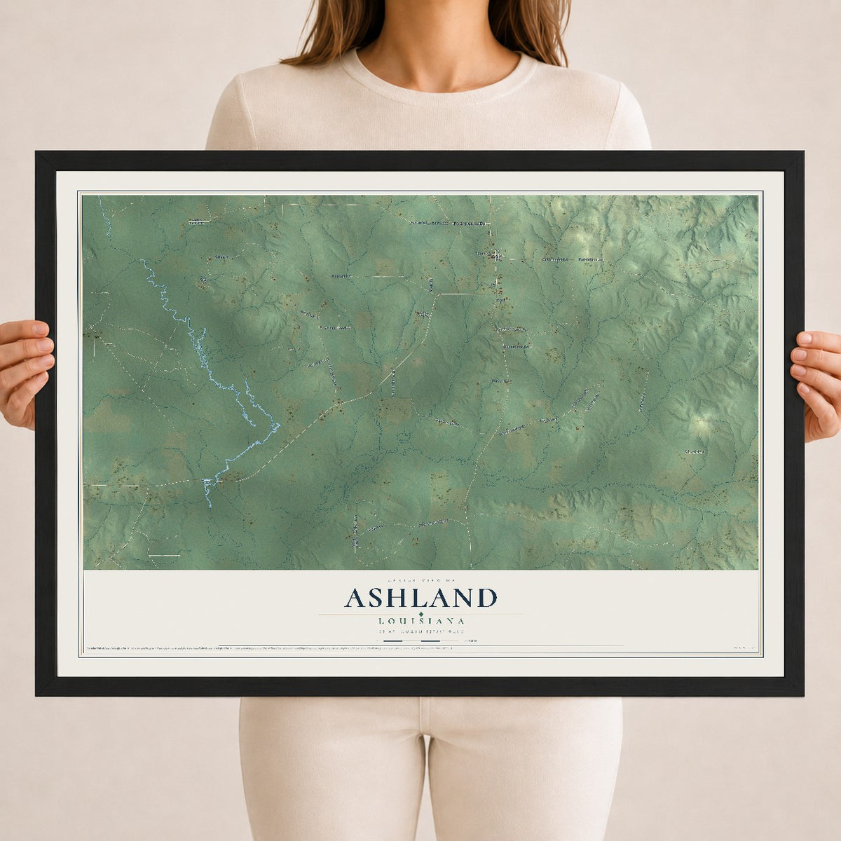 Map of Ashland, Louisiana, 18 x 24 inch print in a black wood frame