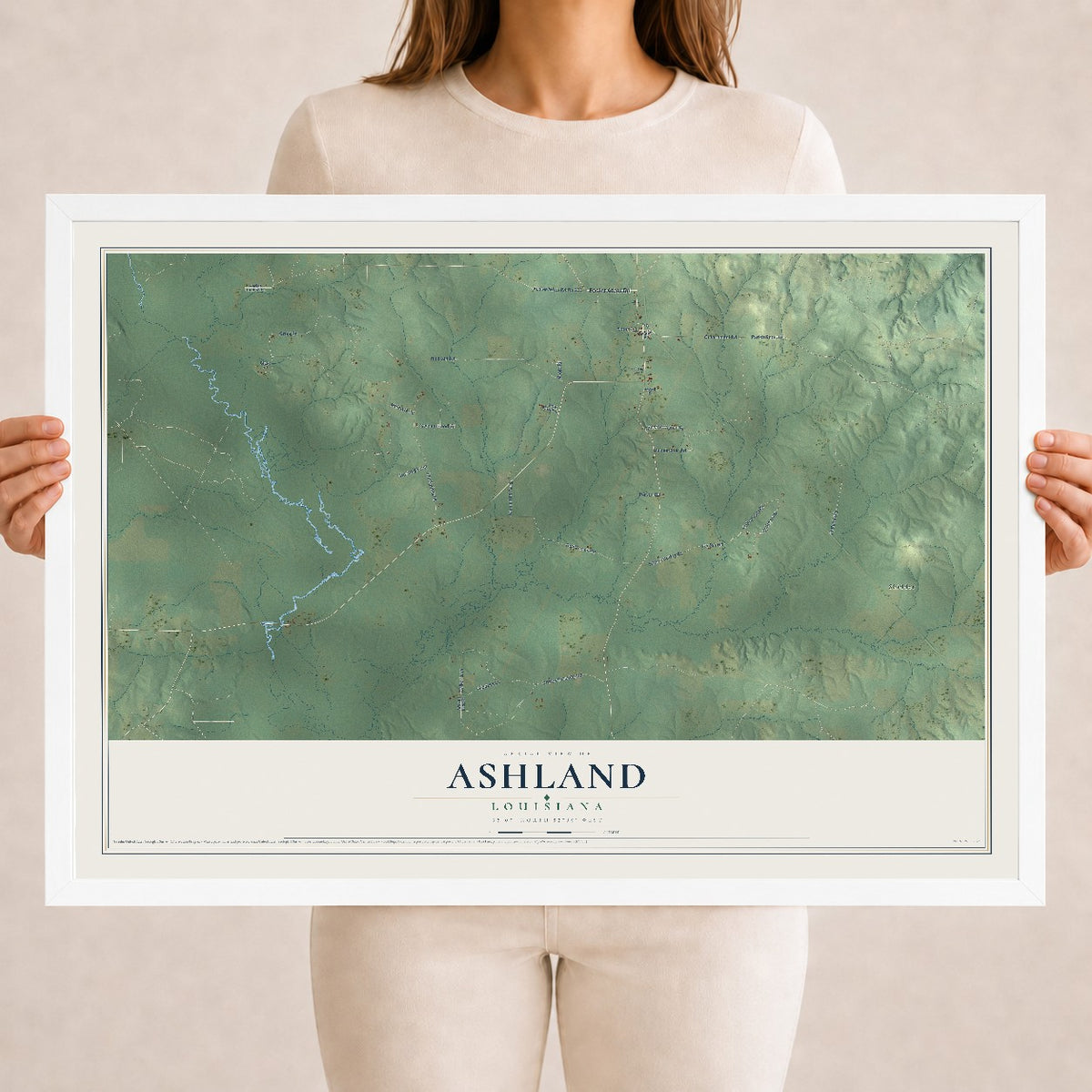 Map of Ashland, Louisiana, 18 x 24 inch print in a white wood frame