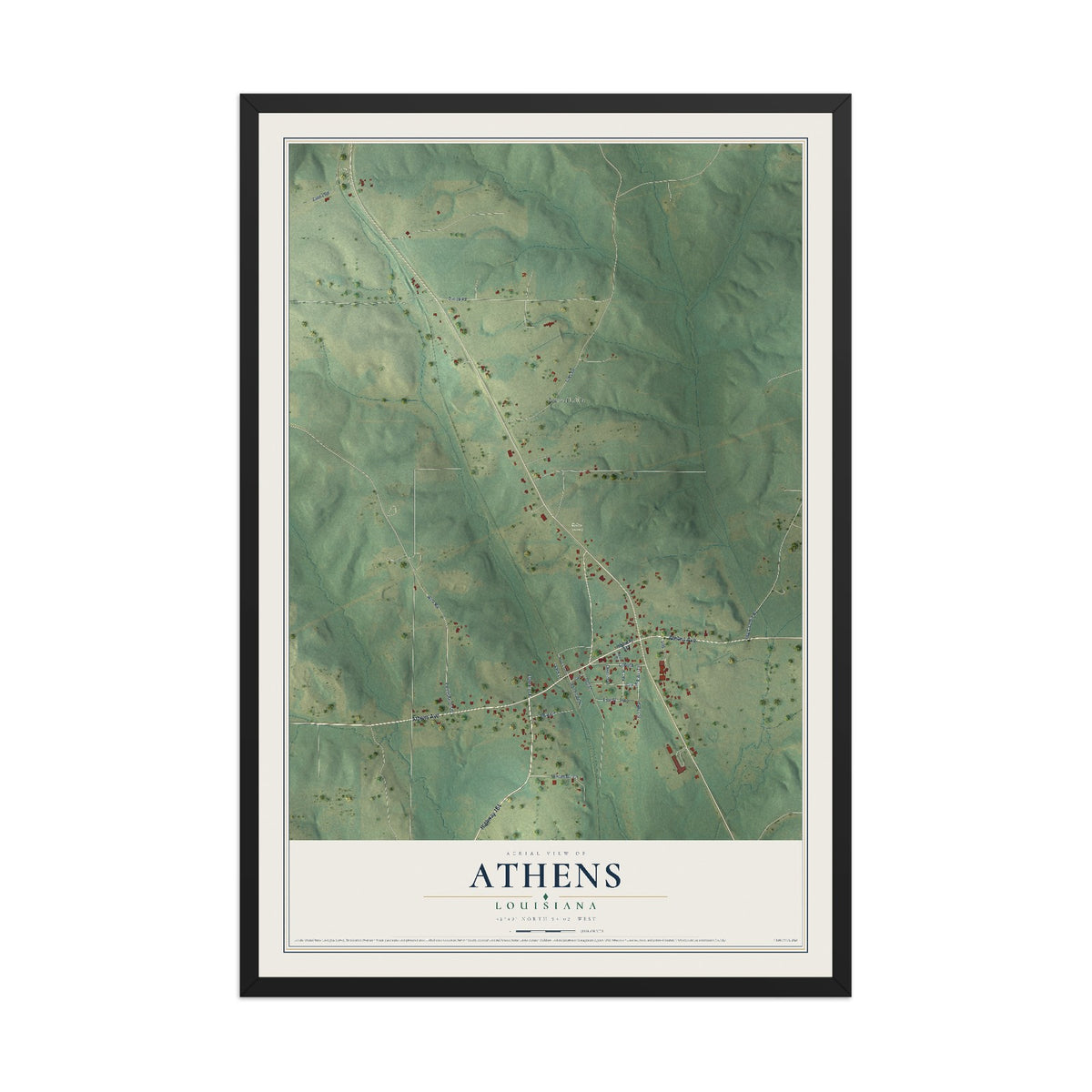 Map of Athens, Louisiana, 12 x 18 inch print in a black wood frame