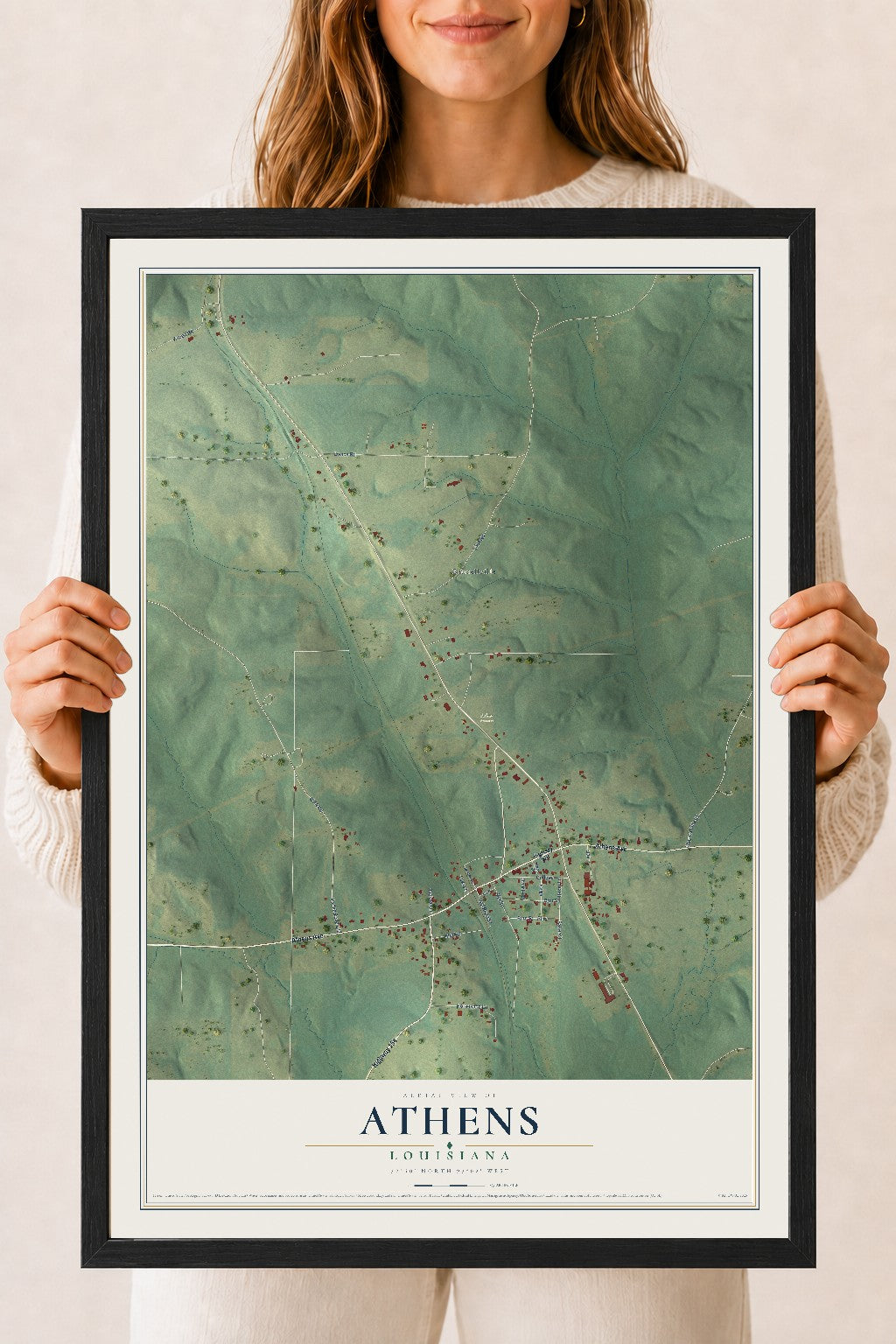 Map of Athens, Louisiana, 18 x 24 inch print in a black wood frame