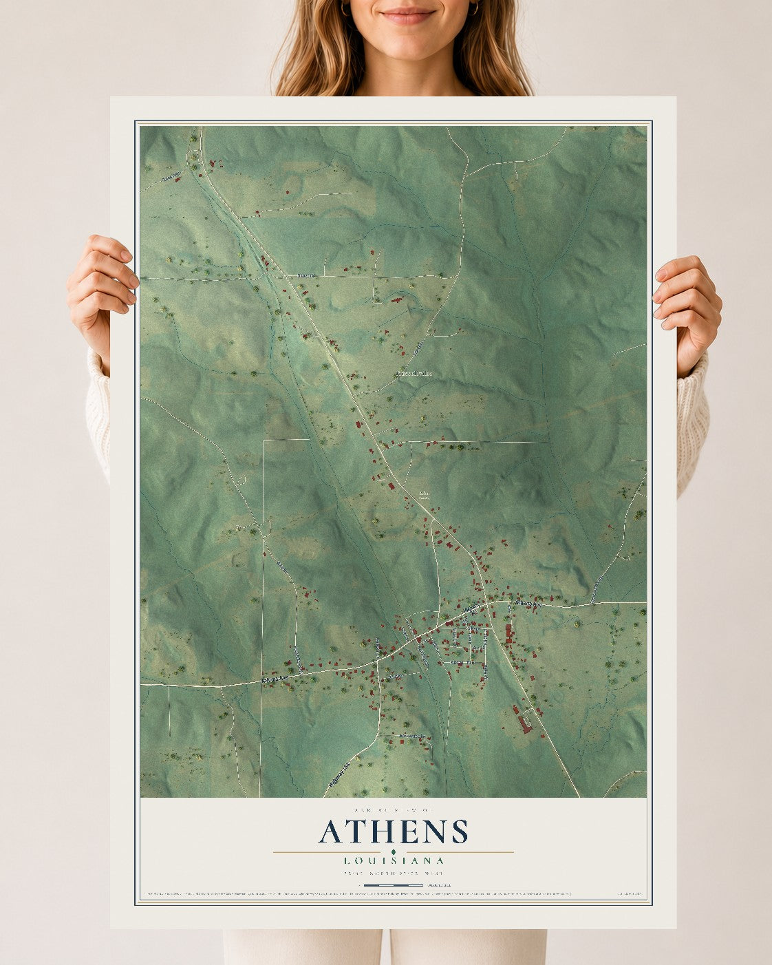 Map of Athens, Louisiana, 24 x 36 inch unframed archival matte print