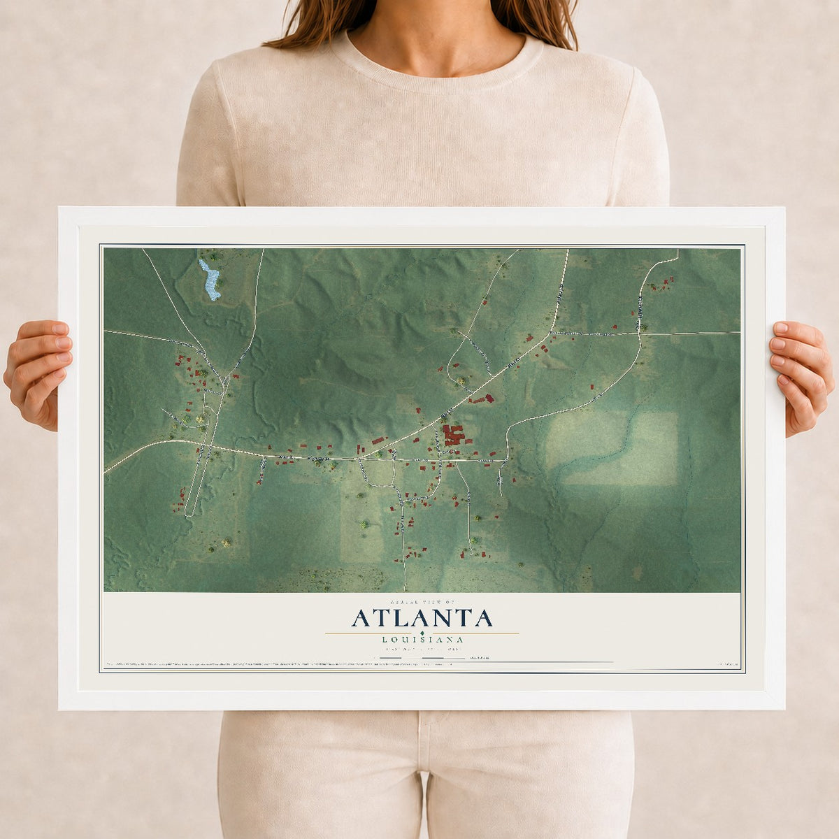 Map of Atlanta, Louisiana, 12 x 18 inch print in a white wood frame