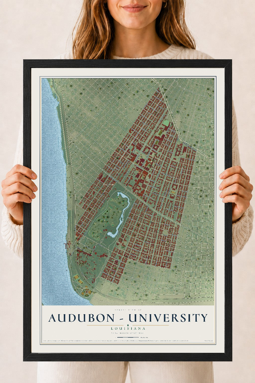 Map of Audubon - University, Louisiana, 18 x 24 inch print in a black wood frame