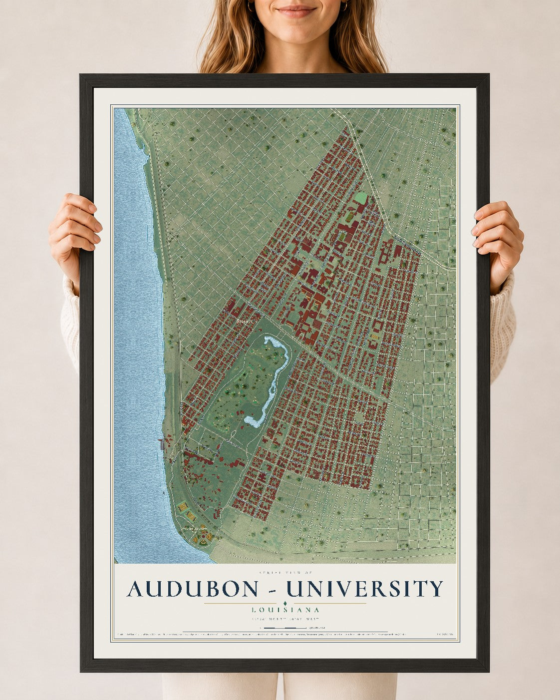 Map of Audubon - University, Louisiana, 24 x 36 inch print in a black wood frame