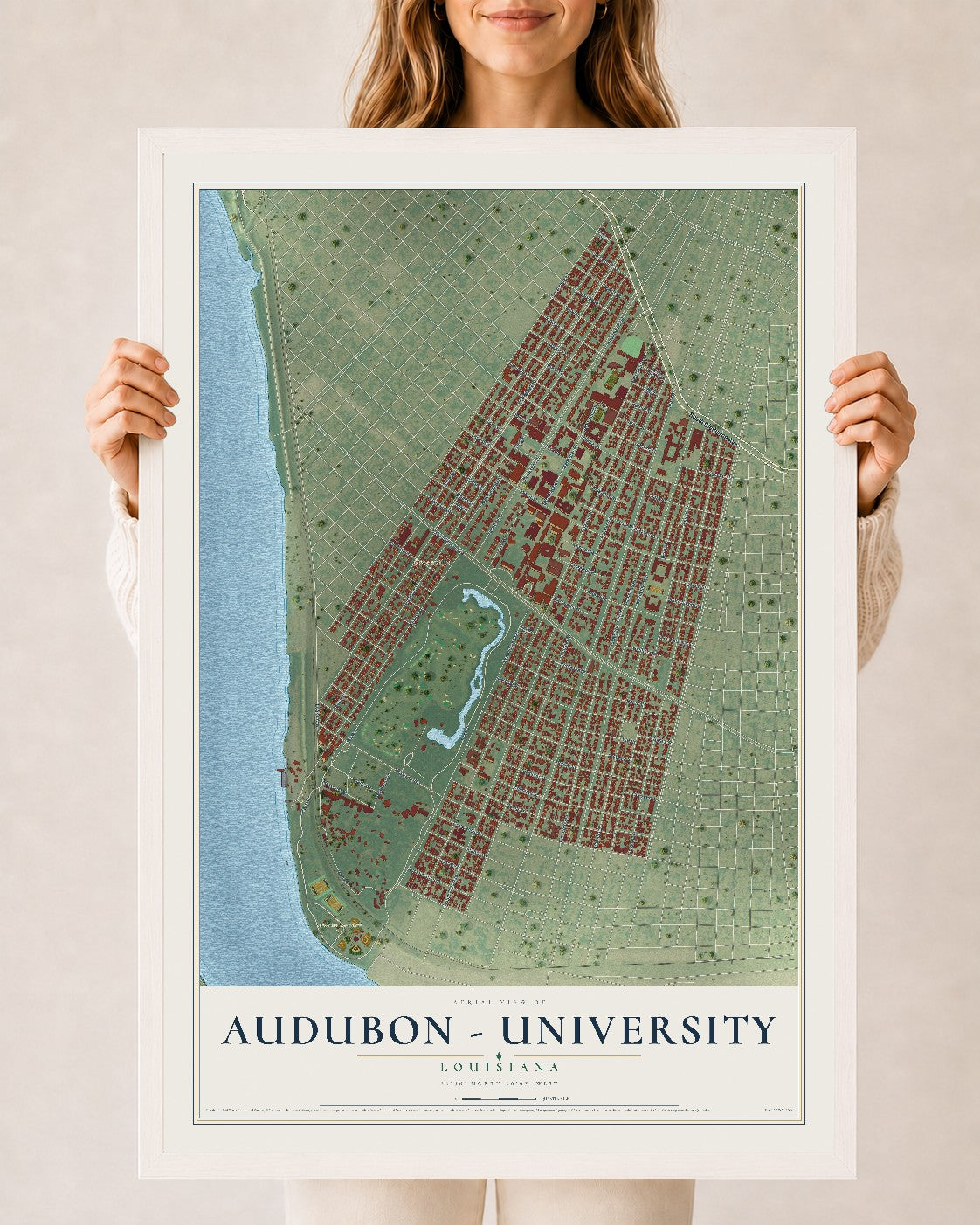 Map of Audubon - University, Louisiana, 24 x 36 inch print in a white wood frame